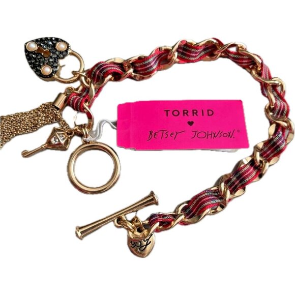 Betsey Johnson Pave Heart Lock & Key Gold Charms Plaid Ribbon Toggle Bracelet - Picture 3 of 5